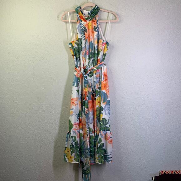 ELIZA J Dress 12 Midi Halter Floral Keyhole Button Neck Closure Ruffle Hem Lined - Picture 4 of 16